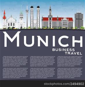 Munich Skyline with Gray Buildings, Blue Sky and Copy Space. Vector Illustration. Business Travel and Tourism Concept with Historic Architecture. Image for Presentation Banner Placard and Web Site.