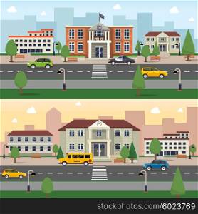 Municipal buildings banner . Municipal buildings horizontal banner set with police office and school outdoors vector illustration