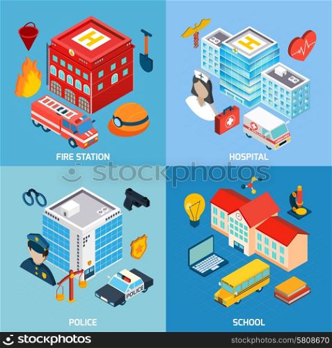 Municipal buildings design concept set with fire station hospital police and school isometric icons isolated vector illustration. Municipal Buildings Set