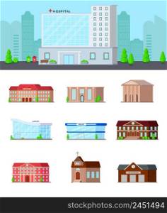 Municipal buildings flat set of isolated icons on blank background with hospital in city landscape composition vector illustration. Urban Buildings Icon Set