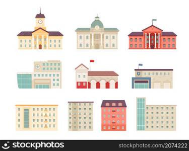 Municipal buildings. Government houses city library hospital bank supermarket campus urban buildings vector flat isolated on white. University building and municipal police hospital illustration. Municipal buildings. Government houses city library hospital bank supermarket campus urban buildings nowaday vector flat construction isolated on white