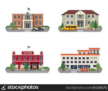 Municipal buildings set. Municipal buildings icons set with police department fire station school and hospital isolated vector illustration
