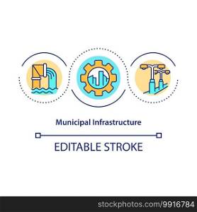Municipal infrastructure concept icon. Water and electric systems idea thin line illustration. State infrastructure modernisation. Vector isolated outline RGB color drawing. Editable stroke. Municipal infrastructure concept icon