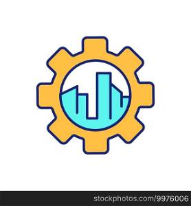 Municipal infrastructure engineering RGB color icon. Urban construction. Real estate business. Residential city building. Industrial development. Civil engineering. Isolated vector illustration. Municipal infrastructure engineering RGB color icon