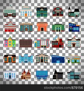 Municipal library and city bank, hospital and school vector icon set. Colored urban government building icons isolated on transparent background. Government buildings on transparent background
