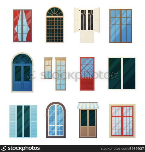 Muntin Bars Window Panels Icons Set. Muntin wood and metal bars window panels flat icons set with round and rectangular elements isolated vector illustration