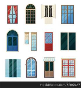 Muntin Bars Window Panels Icons Set. Muntin wood and metal bars window panels flat icons set with round and rectangular elements isolated vector illustration
