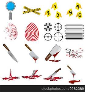 Murder icon set. Crime symbol collection. Contains murderer investigation and bloody knife elements. Forensic illustrations isolated on white background. 