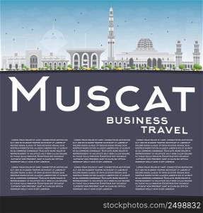Muscat Skyline with Gray Buildings and Blue Sky. Vector illustration. Business Travel and Tourism Concept with Copy Space. Image for Presentation Banner Placard and Web Site.