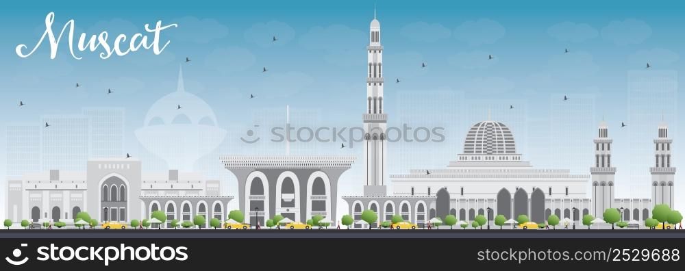 Muscat Skyline with Gray Buildings and Blue Sky. Vector illustration. Business Travel and Tourism Concept with Historic Buildings. Image for Presentation Banner Placard and Web Site.