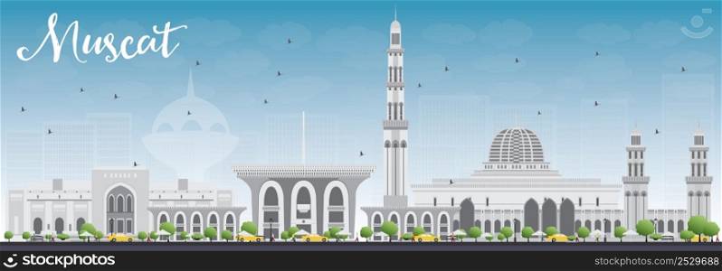 Muscat Skyline with Gray Buildings and Blue Sky. Vector illustration. Business Travel and Tourism Concept with Historic Buildings. Image for Presentation Banner Placard and Web Site.