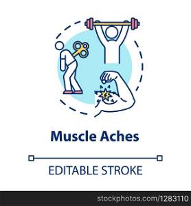 Muscle aches concept icon. Physical strain. Arm inflammation. Hurt from overwork. Joint pain. Influenza symptom idea thin line illustration. Vector isolated outline RGB color drawing. Editable stroke