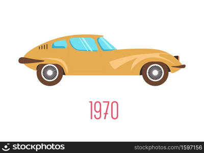 Muscle car, retro sport vehicle of 70s, 1970s transport isolated vintage model icon vector. Transportation and automobile industry, motorcar historical development. Classic auto, mechanic transmission. 70s muscle car, retro sport vehicle of 1970s