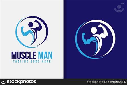Muscle Man Logo Design. Abstract Muscular Man Pose Combine with Circle Shapes. Vector Logo Illustration.
