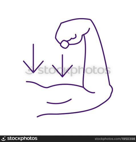 Muscle weakness RGB color icon. Physical disorder symptom. Sore biceps. Loss of body strenght. Anatomical issue. Health care problem. Isolated vector illustration. Simple filled line drawing. Muscle weakness RGB color icon