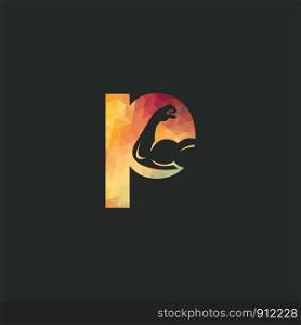Muscular arm and letter P vector logo design. Fitness vector logo design template. Logo template with the image of a muscular arm.
