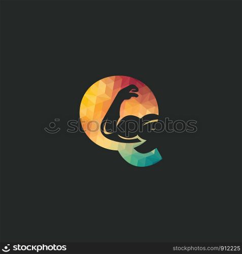 Muscular arm and letter Q vector logo design. Fitness vector logo design template. Logo template with the image of a muscular arm.