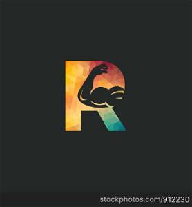 Muscular arm and letter R vector logo design. Fitness vector logo design template. Logo template with the image of a muscular arm.