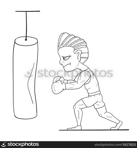 Muscular boxer concept vector in line art, sketch style. The athlete trains in the gym and works out punches.. Muscular boxer concept vector in line art, sketch style. The athlete trains in the gym