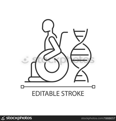 Muscular dystrophy linear icon. Genetic disorder. Progressive muscle degeneration and weakness. Thin line customizable illustration. Contour symbol. Vector isolated outline drawing. Editable stroke. Muscular dystrophy linear icon
