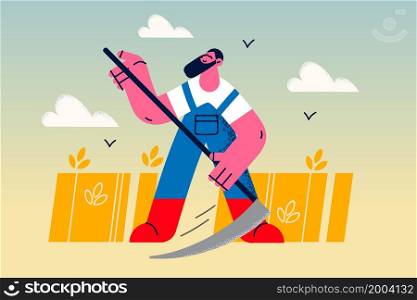 Muscular man in uniform reap scythe corn or wheat in field. Strong reaper or cropper cut harvest with agricultural hand tool. Farming and agriculture concept. Vector illustration, cartoon character. . Man reaper cut harvest in field with scythe