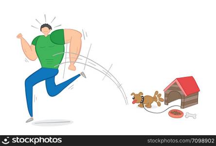 Muscular man scared of small dog and running away, hand-drawn vector illustration. Color outlines and colored.