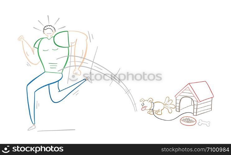 Muscular man scared of small dog and running away, hand-drawn vector illustration. Color outlines and white background.