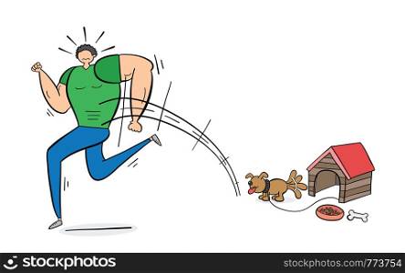 Muscular man scared of small dog and running away, hand-drawn vector illustration. Black outlines and colored.