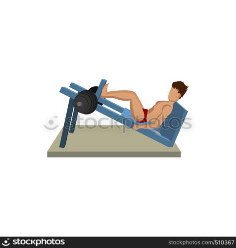 Muscular man weightlifter doing leg presses icon in cartoon style on a white background . Muscular man weightlifter doing leg presses icon