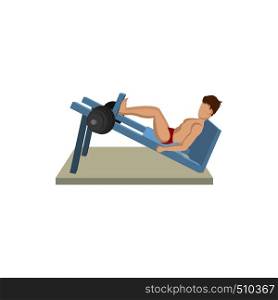 Muscular man weightlifter doing leg presses icon in cartoon style on a white background . Muscular man weightlifter doing leg presses icon