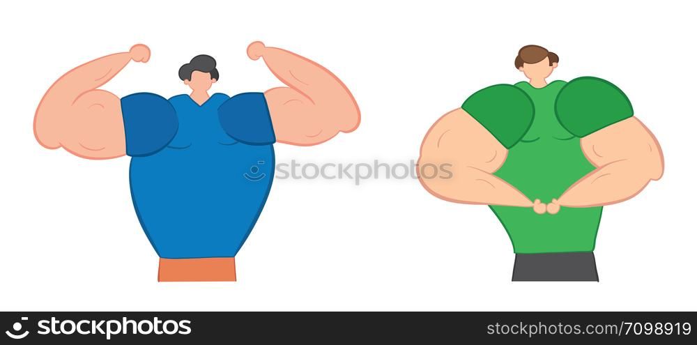 Muscular men show their muscles, hand-drawn vector illustration. Color outlines and colored.