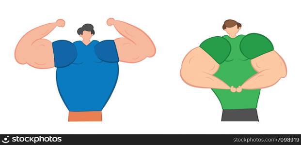 Muscular men show their muscles, hand-drawn vector illustration. Color outlines and colored.