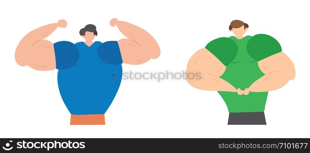 Muscular men show their muscles, hand-drawn vector illustration. Colored flat style.
