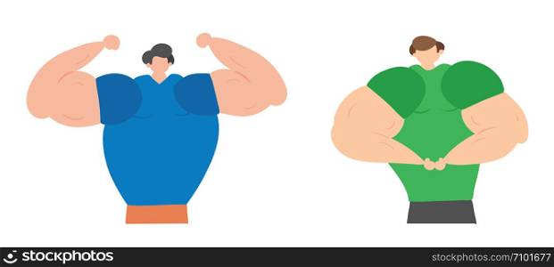 Muscular men show their muscles, hand-drawn vector illustration. Colored flat style.
