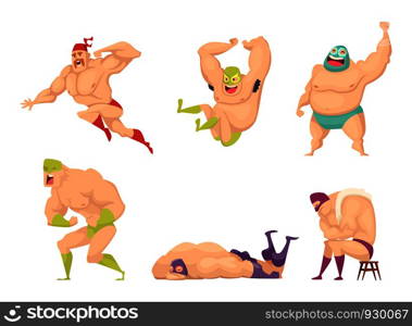 Muscular wrestler. Mma fighter in special costume mexican libre fancy luchador vector people characters isolated. Illustration of fighter man wrestling, strong man in mask. Muscular wrestler. Mma fighter in special costume mexican libre fancy luchador vector people characters isolated