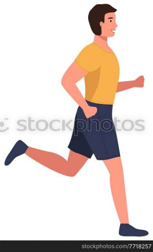 Muscular young man in sports wear running or jogging. Workout excercise. Marathon athlete runner doing sprint outdoor. Simple flat vector illustration sprinter sportsman isolated on white background. Muscular young man in sports wear running or jogging. Workout excercise. Marathon athlete