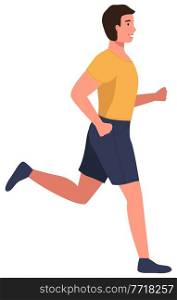 Muscular young man in sports wear running or jogging. Workout excercise. Marathon athlete runner doing sprint outdoor. Simple flat vector illustration sprinter sportsman isolated on white background. Muscular young man in sports wear running or jogging. Workout excercise. Marathon athlete