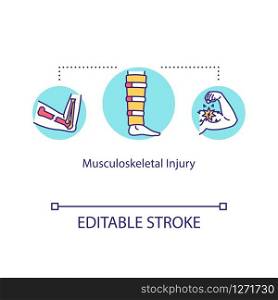 Musculoskeletal injury concept icon. Muscular and skeletal systems damage, tendon sprain and bone fracture idea thin line illustration. Vector isolated outline RGB color drawing. Editable stroke