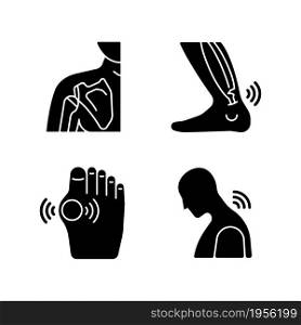 Musculoskeletal pain black glyph icons set on white space. Dislocated shoulder. Muscles overstretching. Uric acid buildup. Neck rheumatism. Silhouette symbols. Vector isolated illustration. Musculoskeletal pain black glyph icons set on white space