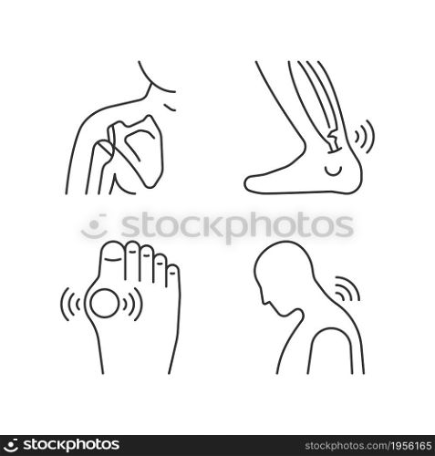 Musculoskeletal pain linear icons set. Dislocated shoulder. Muscles overstretching. Neck rheumatism. Customizable thin line contour symbols. Isolated vector outline illustrations. Editable stroke. Musculoskeletal pain linear icons set