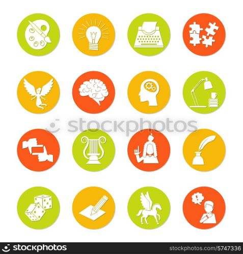 Muse and art inspiration icon flat set with color palette lightbulb typing machine isolated vector illustration