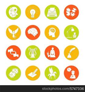 Muse and art inspiration icon flat set with color palette lightbulb typing machine isolated vector illustration