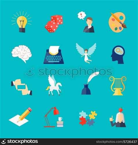 Muse and art inspiration icon flat set with pegasus lightbulb dice isolated vector illustration