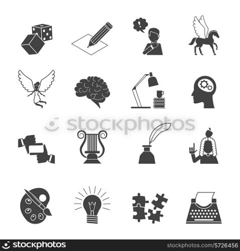Muse and inspiration black icon set with typing machine brain color palette isolated vector illustration