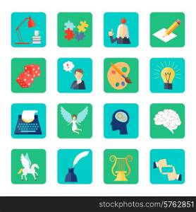 Muse icon flat set with lyre dice lightbulb puzzle isolated vector illustration