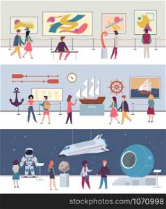 Museum and art gallery set. Art culture painting exhibit science with cultural people looking pictures vector planetarium history and ethnographic exposition background. Museum and art gallery set. Art culture painting exhibit science with cultural people looking pictures vector background