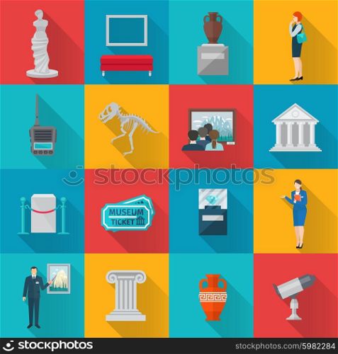 Museum and exhibition long shadow icons flat set isolated vector illustration. Museum Icons Flat Set