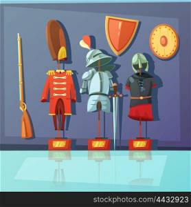 Museum Armor Illustration. Color cartoon illustration depicting museum exhibit about armor and historic military uniform vector illustration