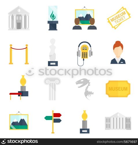 Museum art exhibition icons flat set isolated vector illustration