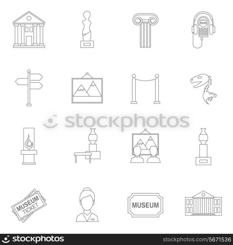 Museum art exhibition icons outline set isolated vector illustration